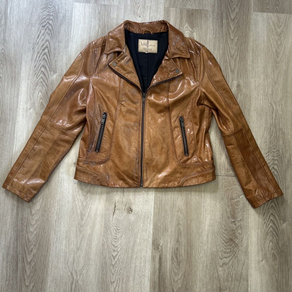 Wilsons Leather Womens Large Caramel Brown Moto Jacket Vintage USA Zip Coat
